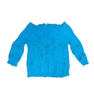 INC International Concepts Crinkle Embroidered Off the Shoulder Turquoise Blouse